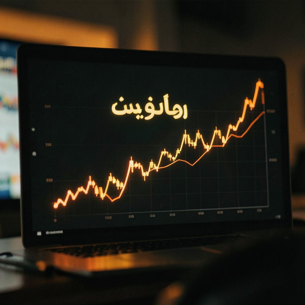 رموز عملات رقمية متوهجة باللون الذهبي على شاشة سوداء مع مخططات بيانية صاعدة
