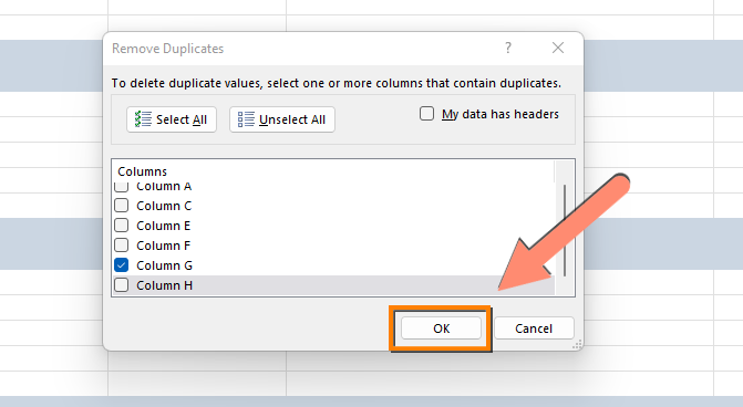 كيفية إزالة التكرارات في Excel: tclick ok لحذف التكرارات