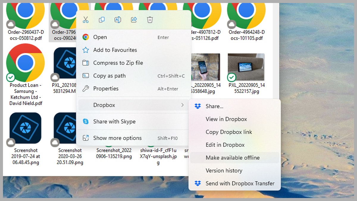 لقطة شاشة لإعدادات قائمة مزامنة Dropbox.