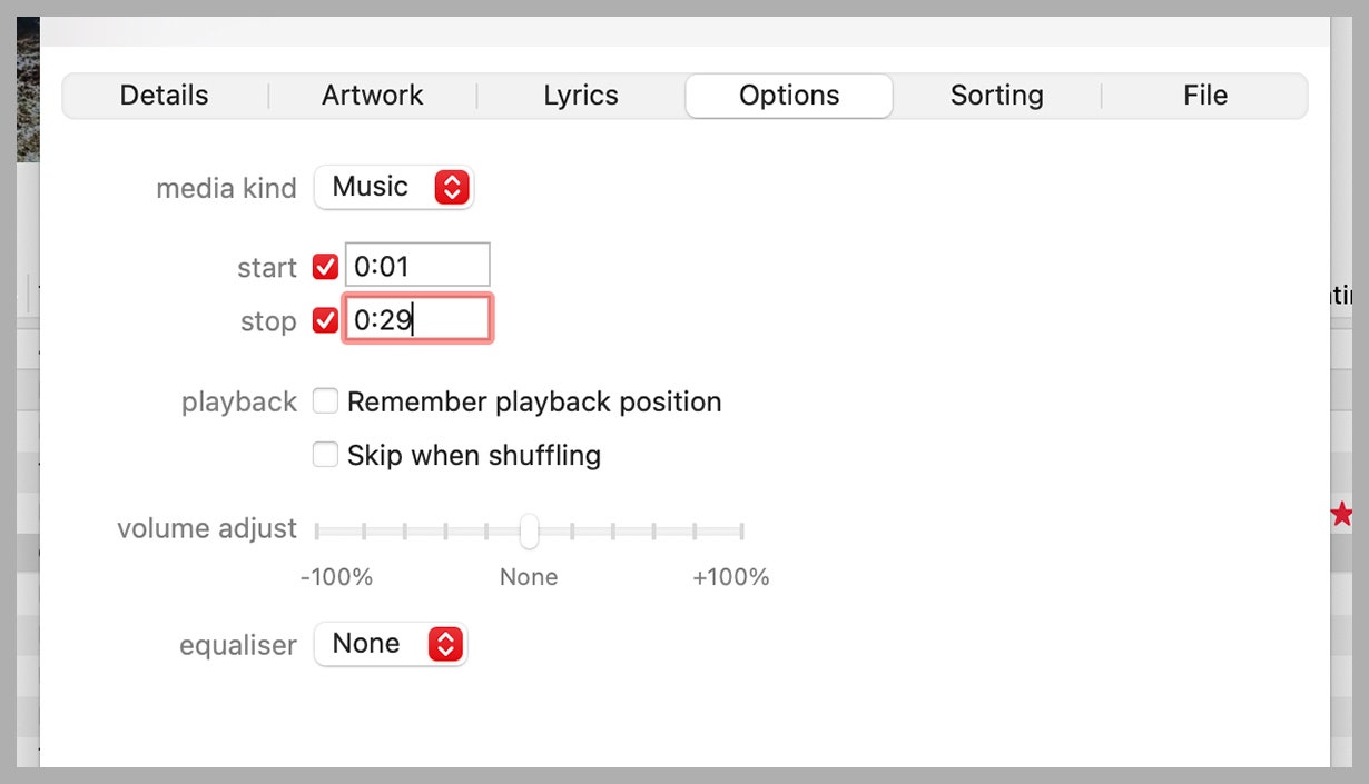 لقطة شاشة لإعدادات الأغنية في برنامج iTunes